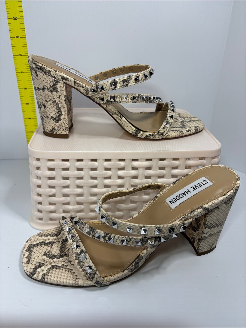 Steve Madden 7.5 Neutral Snake-Print Studded Block Heel Sandals. Box 25